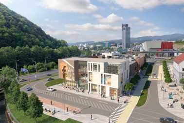 OC Point – vizualizácia v súčasnosti realizovaného architektonického a dopravného riešenia – pohľad z Dolnej ulice